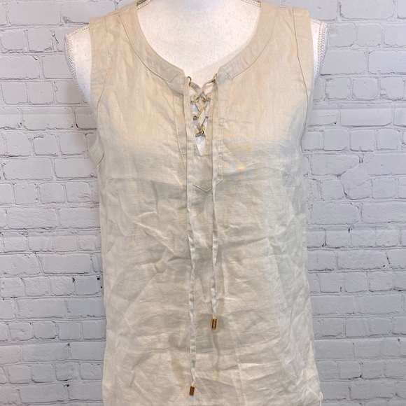 Ellen Tracy Tops - ELLEN TRACY 100% Linen Tank Top w Laced Bust Tan-Medium